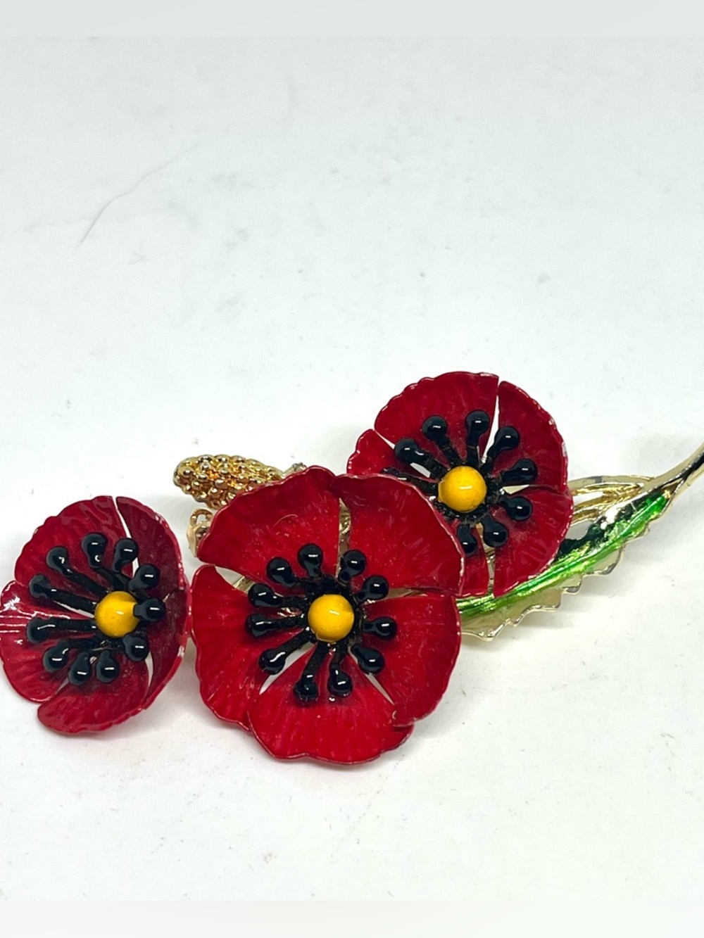 Red Poppy Floral Brooch Pin with Gold Tone Stem